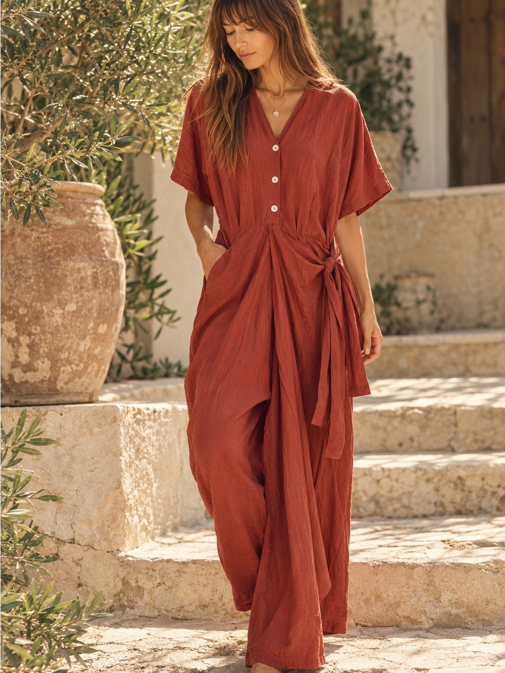 Myrah Penaloza Temple Wrap Playsuit Jumpsuit One Size Linen Rusti